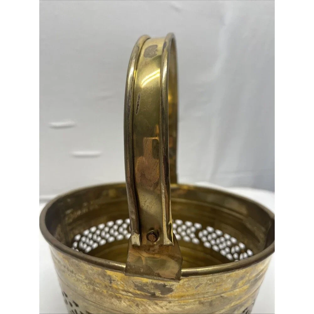 Vintage Solid Brass Pierced Basket Handle Decorative Ornate Planter Round India